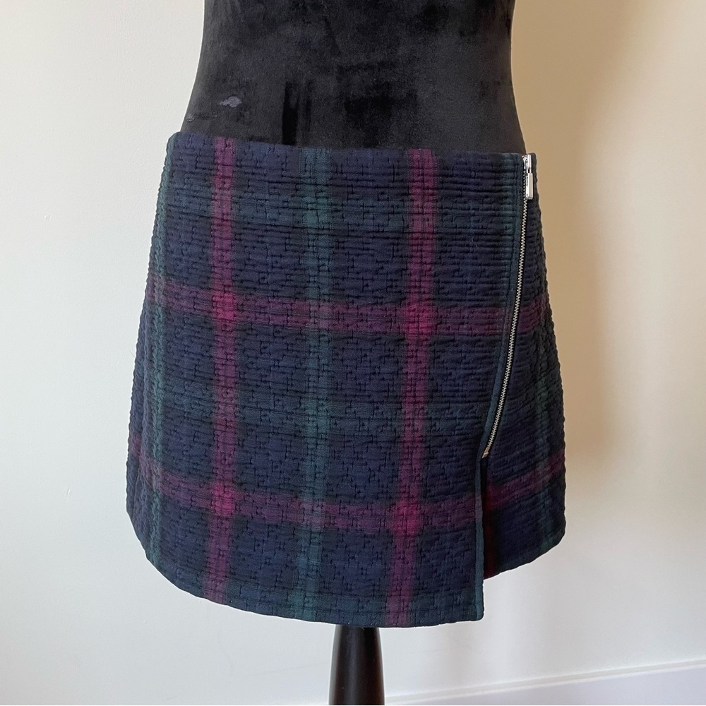 Elizabeth & James Blue Green Keller Plaid Quilted Asymmetric Zip Mini Skirt EUC